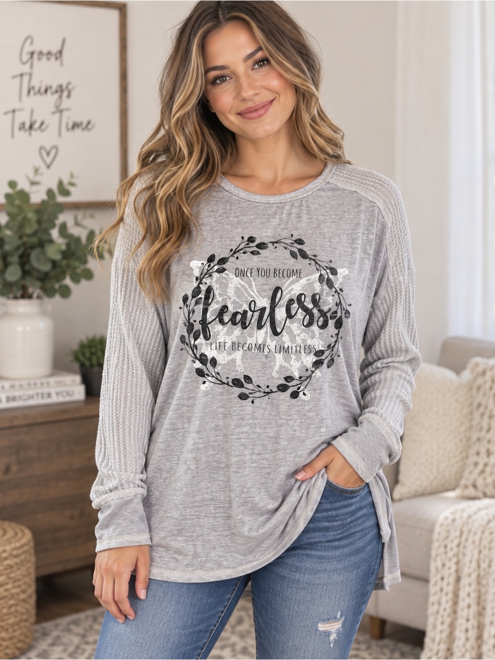 Fearless Limitless Gray Waffle Knit Long Sleeve Graphic Top